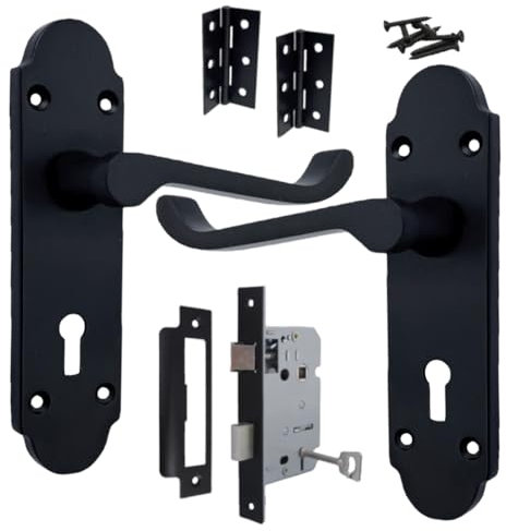Betley Butterfly Victorian Scroll Locking Door Handle - Epsom Lock Pack Hinges Lever on Backplate Matt Black Handles for Internal Wooden or Oak Doors