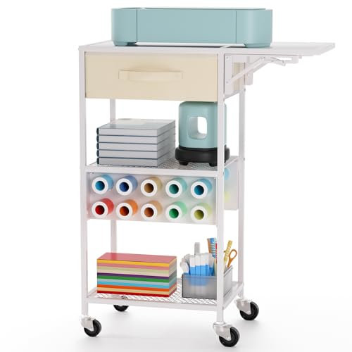 Bastelwagen und Organizer-Tisch, kompatibel mit Bastelschneidemaschinen, Roll-Organizer mit Schublade und Vinylrollenhalter, Basteltisch, Arbeitsplatzhalter für Bastelraum, Heimbüro, Weiß