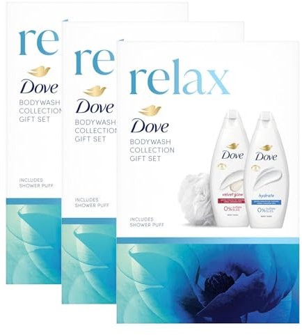 Dove Relax Body Wash Collection with Sulphate and SLES Free Hydrate Bodywash 225ml and Velvet Glow Bodywash 225ml 2 Pieces Gift Set for Her with Shower Puf ,3pk