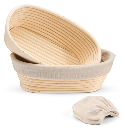 E-far Banneton Bread Proofing Basket Set of 2, 10 Inch Oval Dough Bowls for Rising, Sourdough Bread Baking Supplies with Liners for Home and Professional Baking