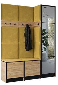 KIER FURNITURE Flurgarderobe Modern - Garderobenschrank mit Sitzbank, Haken und Schuhschrank - Flur Möbel Geräumig und Stilvoll - BxHxT 159,6x205x39cm - Craft Eiche + Gelb