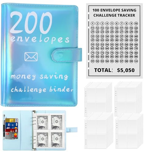 ZONJIE Spar-Challenge-Ordner mit 200 Umschlägen, Budget-Ordner, Budget-Herausforderungen für Geld, Budgetbuch mit Cash-Spar-Wallet-Challenge für Paare (Blau-200 Tage)