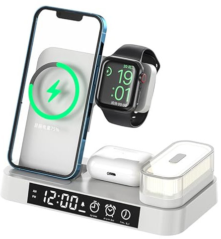 4 in 1 Induction Fast Charging Dock with Alarm Clock and Light RGB Night Ambiance for iPhone Apple Watch Air Pod (White)