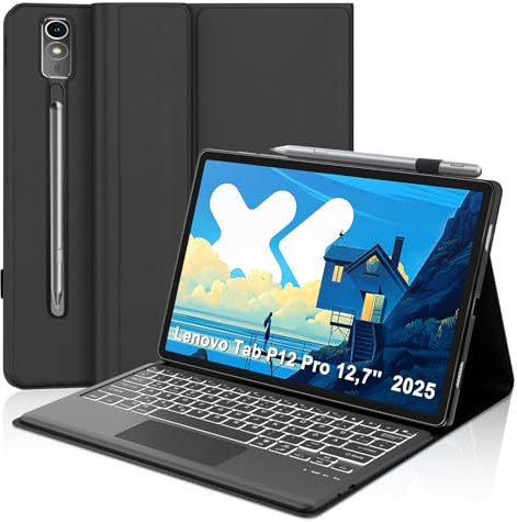 WAVATA Tastatur für Lenovo Idea Tab Pro 12.7 2025 mit Touchpad, Hülle mit Tastatur für Lenovo Idea Tab Pro 2025 Magnetische Beleuchtete Bluetooth Abnehmbare QWERTZ Layout, Schwarz
