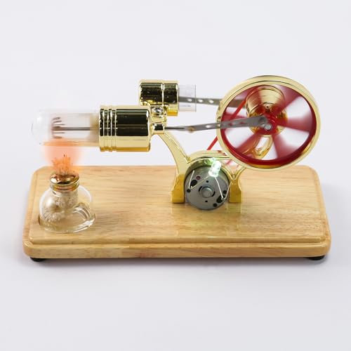 Stirling Engine, Stirling Engine Kit Steam Engine with Oak Base Plate and LED Lights Drip Molding for Educational Displays and Children's Entertainment (Gold)