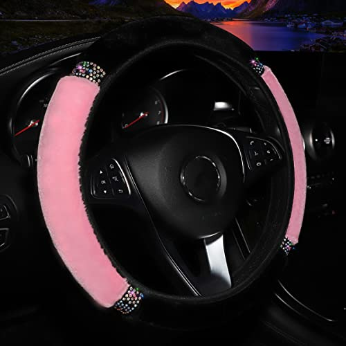Anevous Lenkradabdeckung Plüsch, Universal Winter Lenkrad Abdeckung, Weicher Bequem Lenkradbezug, Fell Lenkradhülle mit Strass, Glitter Auto Lenkrad für Auto Zubehör, 37-38cm,Schwarz Pink