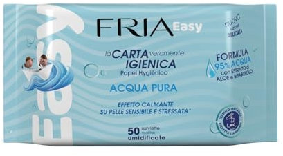 Fria Easy Carta Igienica Umidificata con Acqua Pura ad Effetto Calmante, Tessuto Gettabile nel WC, Dermatologicamente Testate, Confezione da 50 Salviette