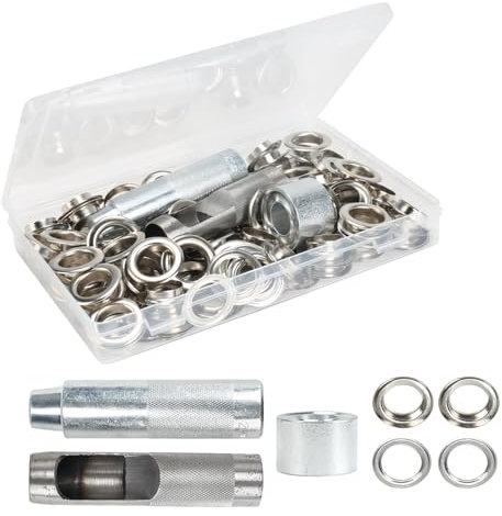 FOGAWA 100 Jeux de Kit d'Outils pour Oeillets 20mm argent Kit de Grommets Eyelets Outils Rondelles d'Oeillets en cuivre Trousse à œillets Eyelets Outils pour Toile, Bâche, Cuir, Tente, Auvent