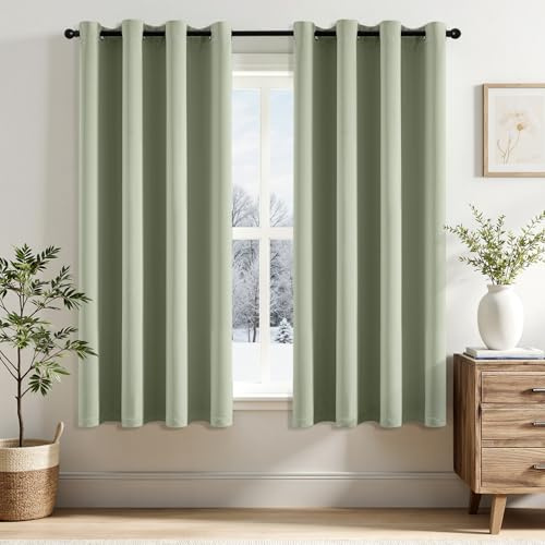 EMEMA Vorhänge Salbei Grün Blickdicht mit Ösen 145 CM Lang Weiche Verdunklungsvorhänge von Räumen 2er Set Abdunkelnde Vorhänge für Wohnzimmer Schlafzimmer Blickdichte Ösenvorhänge Jeder H145 x B140 CM