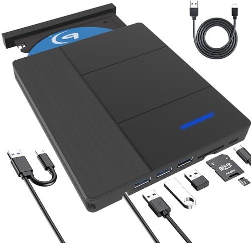 7 in 1 External Blu-ray Drive - Slim External Blu Ray Drive USB 3.0 Type-C BD Blu Ray Burner, 3D DVD BD Player Writer CD DVD Reader, Portable Optical Bluray Drive for Laptop Windows XP/7/8/10/11