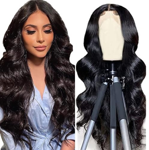 AiPliantfis Echthaar Perücke Damen Glueless Wig Human Hair Wig Body Wave Perücke Damen Echthaar Natural Black 4x1 Lace Natural Hairline with Baby Hair Minimal Smell 22 Zoll