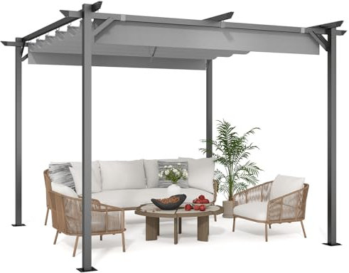 3x3M Gazebo, Metal Pergola with Retractable Roof, bigzzia Large Gazebo With Sun Shade Canopy Waterproof And SPF 15 With PU Coated Features For Patio Garden Party BBQ (Gray)