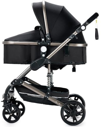 3 in 1 umkehrbarer Kinderwagen,Federung der vorderen Räder,kompakte Einhandfaltung für einfaches Lagern(Schwarz)