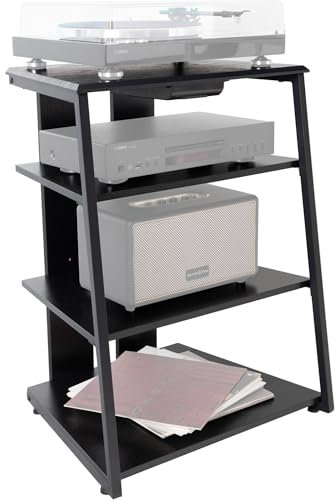 Stagecaptain HiFi Rack - Schwarze Esche Holzoptik, Stahlgestell – 4 Ebenen HiFi Regal, je zwischen 20-50 kg Tragkraft - Schublade & verstellbare Füße – Ideal für Plattenspieler, HiFi-Komponenten usw.