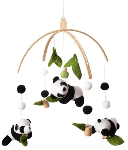 Mobile Baby Windspiele Panda, 3D Mobile Babybett Holz mit Glocke, Neugeborenen Bettglocke mit Filzbällen, Perfekt als Geschenk zur Geburt (A)