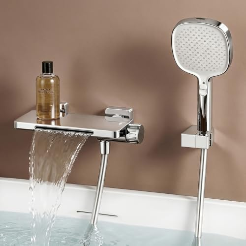doporro Badewannenarmatur mit Handbrause, Duschbrause aus Messing, Silber | Wasserfall Wannenarmatur 4 Strahlarten Wandarmatur für Badewanne, inkl. Brausestange und Brauseschlauch DSN-403
