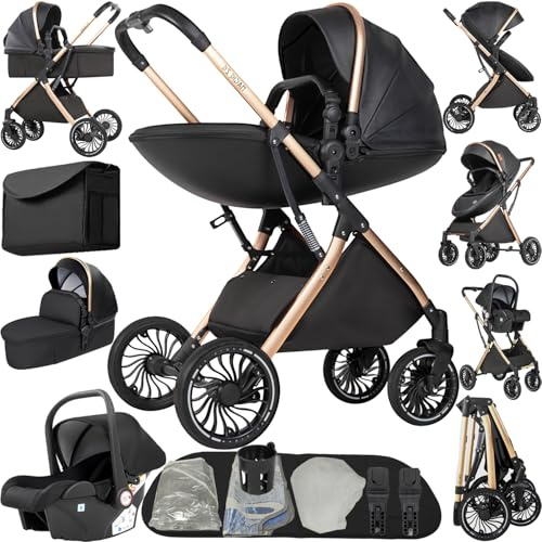 Prokoke Kinderwagen 4 in 1, Kombikinderwagen 4 in 1 mit Umkehrbarem Zwei-Wege-Schub, Kinderwagen Rahmen Aluminiumlegierung, Buggy Einem Klick Faltbar Baby Kleinkind Neugeborene (688 Black)