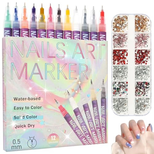 12 Farben 3D Nagellack Stift Set,Nail Art Marker,Nagelkunst Stifte mit Diamanten,Nagellackstifte für Nägel,Schnelltrocknender Nagellackstifte,DIY Linie Nagelkunst Graffiti,für Zuhause und Nagelstudio