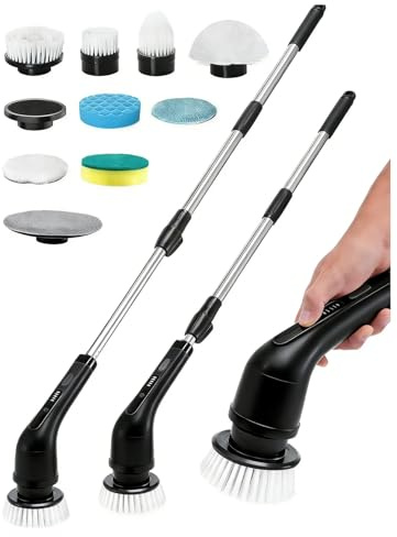 Electric Spin Scrubber - Cordless Bathroom Cleaning Brush with 9 Heads & Toilet Attachment, 2-Speed Sonic Scrubber for Tile, Shower & Floors Rechargeable (Black, L)