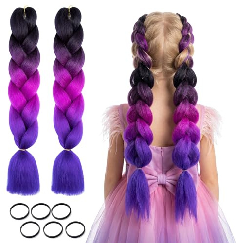 Ciocche di Capelli, dellyy 2 Pezzi di Extension a Trecce da 24, Capelli Sintetici da Intrecciare, Viola, per Trecce Box Braid (2, A, Lisci)