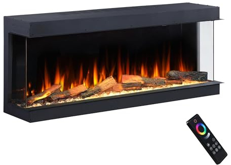 Endeavour Fires Deluxe Rosedale 60'' 3-Sided Media Wall Electric Fireplace | Smart Wi-Fi App & Remote, Crackling Fire Sound, LED Logs, Multi-Colour Flame Effect, Black Reflective Mirror, 1.5kW Heater