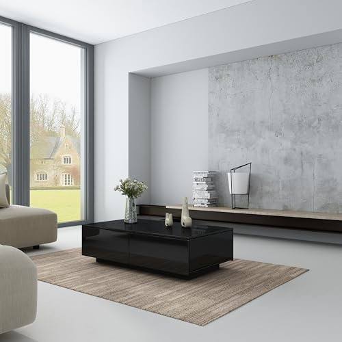 High Gloss Coffee Table with 4 Drawers Storage Modern Living Room Black