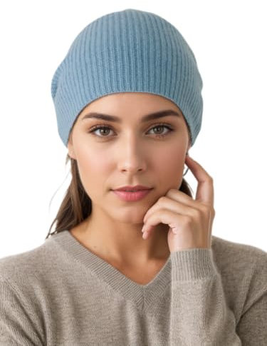 Prettystern Damen Herren 100% Kaschmir-Wolle Casual lässig Beanie Strick-Mütze blau
