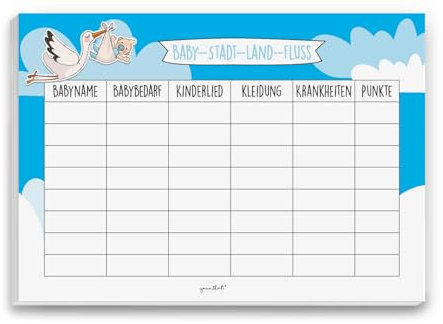 Baby-Stadt-Land-Fluss zur Baby-Party I DIN A4 I Set Baby-Party blau Junge Boy Storch Spiele Quiz I dv_163