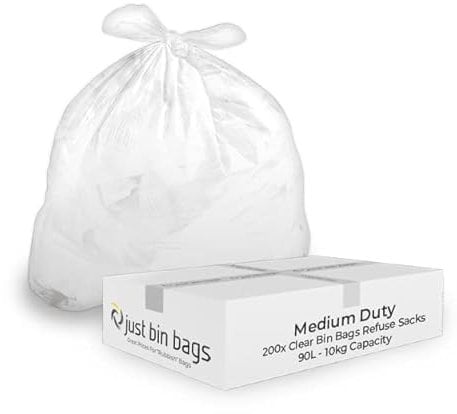 200x 90L Clear Bin Bags - Refuse Sacks | 10kg Capacity- 100 Gauge, 25 Micron - Medium Duty Waste Recycling Rubbish Dustbin Bags (Crystal)