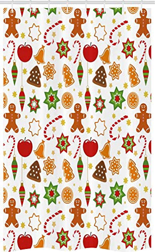 ABAKUHAUS Lebkuchenmann Schmaler Duschvorhang, Festliche Icons, Badezimmer Deko Set aus Stoff mit Haken, 120 x 180 cm, Mehrfarbig