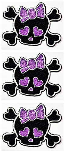 Set 3 Pcs Mini Small Skull Bow Purple Cute Baby Skull Ghost Dead Head & Crossbones Cartoon Patch Stickers Embroidered Iron on Applique Patch Logo Clothing Decoration DIY or Souvenir Gift (40)