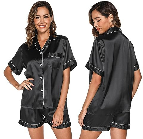 GAESHOW Ensemble de Pyjama Deux pièces en Satin de Soie pour Femme, avec Haut à Manches Courtes et Boutons