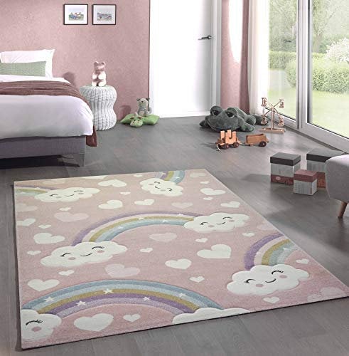 Carpetia Kinderteppich Kinderzimmerteppich Babyteppich Regenbogen und Wolken rosa Größe 80x150 cm