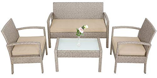 Casaria Salon de Jardin en rotin synthétique avec Coussins de 5 cm et 2 chaises de Jardin - Table de Jardin résistante aux intempéries - Beige