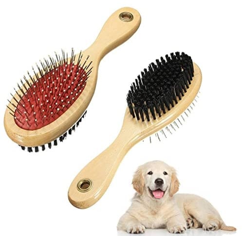 Wooden Double Sided Dog Brush - Pet Hair Grooming Tool With Pin and Soft Bristles for Dogs & Cats With Long or Short Hair - Red