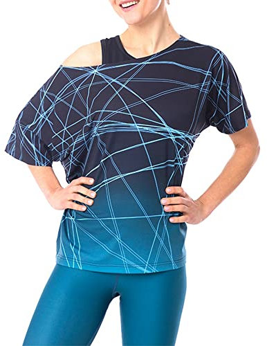 Gipara Emma Übergroßes Sport-T-Shirt für Damen | Schulterfreies Kurzarm-Top für Yoga, Zumba | Feuchtigkeitsmanagement, lockerer Schnitt | Blau & Marineblau, S
