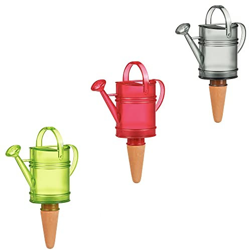 Scheurich Wasserspender Nelly | 3er Set Grau/Grün/Rot | 110 ml Füllmenge | Bewässerungskugel klein mit Ton Fuß | Wasserspender Pflanzen und Blumen Terrakotta Stiel