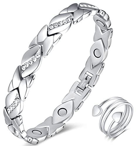 Vicmag Magnetic Bracelets for Women Ladies Titanium Steel Ultra Strength Magnets Bracelet with 3500 Gauss Effective for Women with Gift Box & Removal Tool(Crystal Design for Ladies)(Platinum)
