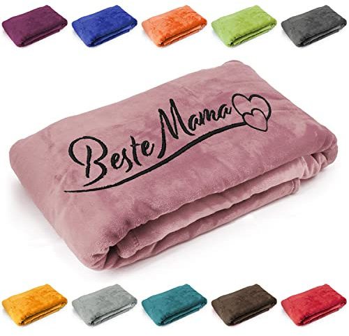 Deitert Kuscheldecke Beste Mama mit Herzen, Geschenk zu Muttertag, Geburtstag, hochwertig Bestickt, 200cm x 150cm extra weiche und gemütliche Sofadecke/Wohndecke, hochwertiges Fleece (Altrosa)