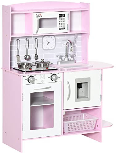 HOMCOM Children Wooden Play Kitchen w/Lights Sounds, Kids Kitchen Playset w/Water Dispenser, Microwave, Utensils, Sink, Storage, for Age 3+ Years - Pink