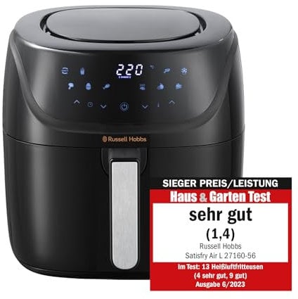 Russell Hobbs Friggitrice ad Aria L 4 l - Design Compatto, 10 funzioni Pre-impostate di cottura - Max 220°; Lavabile in lavastoviglie; Shake Alert; No olio, SatisFry Air Fryer 27160-56