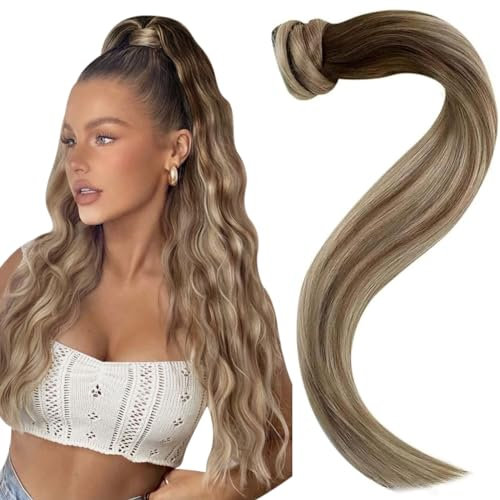 Easyouth Extensions Ponytail Echthaar Remy Pferdeschwanz Echthaar Balayage Zopf Extensions Echthaar Darker Brown Mix Mittelbraun und Mittelblond 80g 45 cm #3/8/22