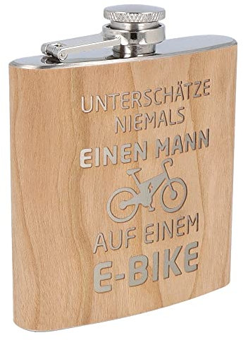 Spruchreif | Petaca de acero inoxidable grabada | Petaca de madera con grabado EBike | Regalo al aire libre | Regalo para ciclistas y ciclistas de montaña | Regalo para bicicleta eléctrica |