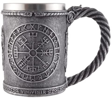 Chope viking boussole Vegvisir, fabriquée en pierre artificielle et peinte par la main d'artiste, avec un insert en acier inoxydable de 600 ml