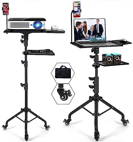 Asltoy Trépied pour projecteur avec roues réglable en hauteur pour ordinateur portable, tapis de course, support pour ordinateur portable avec 2 étagères, support de souris, support de téléphone,