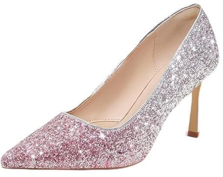 Zhabtuc Escarpins Femme Talon Haut 10 CM, Bout Fermé Fêtes et Mariages avec Matière Pailletée, Rosé-Glitzer, 39 EU