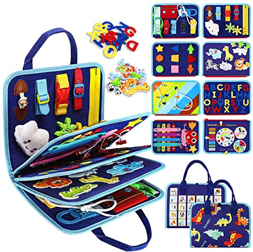 Esjay Busy Board Montessori Spielzeug Kleinkinder, Activity Board Motorikspielzeug ab 3 Jahre, Geschenk Junge Mädchen, Lernspielzeug Grundkenntnisse, Motorikbrett für Reise Auto Flugzeug