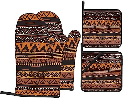 Lot de 4 gants de cuisine et maniques en tissu africain à imprimé tribal pour la cuisine, la cuisson, le barbecue