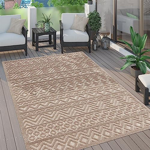 Paco Home Outdoor Teppich wetterfest & langlebig Moderne Boho-Designs mit 3D-Effekt Skandi-Look UV-beständig & robust für Balkon, Garten, Wohnzimmer & Küche, Grösse:160x220 cm, Farbe:Beige 3