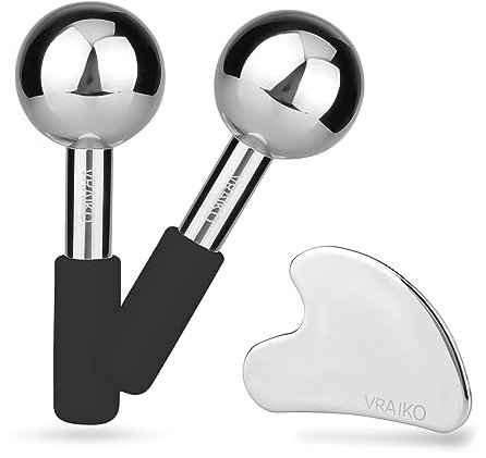 VRAIKO ICES Globes Gua Sha Set, Gua Sha Gesichtswerkzeuge und Kryo-Sticks mit unzerbrechlichem Stahl, Gesichtsmassagegerät, Kühlrollen für Augenringe, Schwellungen und Lymphdrainage (Schwarz)